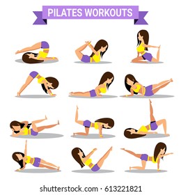 Set of pilates workouts design isolated on white background for exercise concept