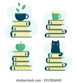 A set of piles of books with a cup of tea, a mug, a cat and an apple. Learning concept, love of reading. Library. Vector illustration in flat cartoon style