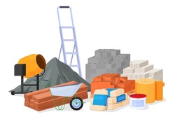 Set Of Piles Of Building Materials. Loose Building Materials Board Brick Metal Elements. Vector Illustration On A White Background.