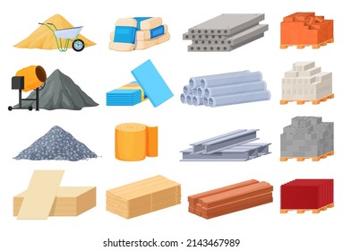 Conjunto de pilas de materiales de construcción. Materiales de construcción flojos a bordo de elementos metálicos de ladrillo. Ilustración vectorial en un fondo blanco.