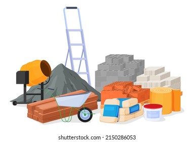 Set of piles of building materials. Loose building materials board brick metal elements. Vector illustration on a white background. - Shutterstock ID 2150286053