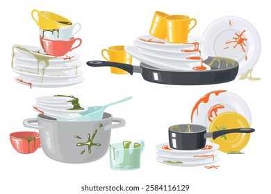 Set of piles of dirty dishes in cartoon style. Vector illustration of dirty, food-stained, sauce-soaked plates, bowls, cups, pots, frying pan isolated on white background. Kitchenware. Cleaning.