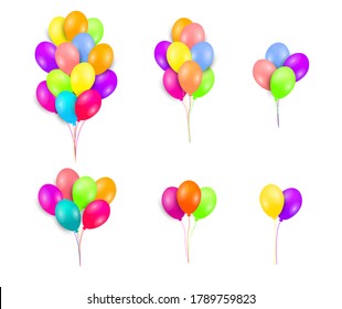 A set, piles and groups of colored glossy helium balloons isolated on a white background. Vector illustration