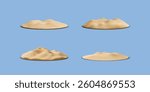 Set of piles of sand in 3d realistic style isolated on blue background. Vector illustration