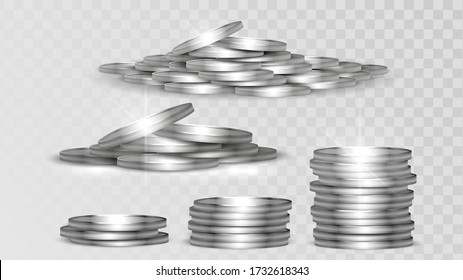 Set of piles and stacks of silver coins, metal tokens