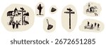 Set of pilgrim group walking on path to church on trail. Country landscape with camino signpost, pilgrims way shell, man and women  for Canterbury or Camino religious pilgrimage walk. Icon collection