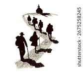 Set of pilgrim group walking on path to church on trail. Country landscape with camino signpost, pilgrims way shell, man and women  for Canterbury or Camino religious pilgrimage walk. Faith based icon