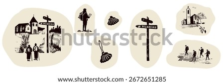 Set of pilgrim group walking on path to church on trail. Country landscape with camino signpost, pilgrims way shell, man and women  for Canterbury or Camino religious pilgrimage walk. Icon collection