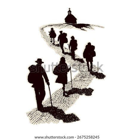 Set of pilgrim group walking on path to church on trail. Country landscape with camino signpost, pilgrims way shell, man and women  for Canterbury or Camino religious pilgrimage walk. Faith based icon