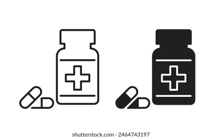 Set of pill bottle icons, bottle with a medical cross, isolated on a white background.