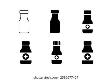 Set of pill bottle icons, bottle with a medical cross, isolated on a white background.