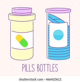 Set of pill bottles. Flat line icons on pink background. Pills jars for tablets. Medical containers. Vector illustrations