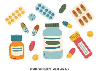 Set of pill bottles and pills isolated on white background. Concept of medicine, healthcare and cure. Vector flat clipart.