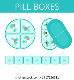 Set of pill boxes.Tablets and capsules in a plastic organizer.Medical care, weekly and daily medication.Medical concept, treatment, pain relief.Flat cartoon vector illustration