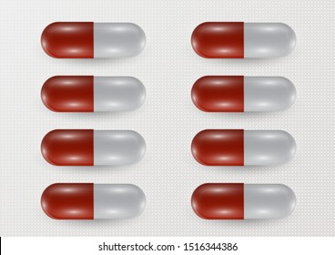 Set. Pill icon closeup, 3d realistic. Medical Isolated on a gray background. Capsule template design for graphic, mockup. The concept of medicine and healthcare. Vector illustration