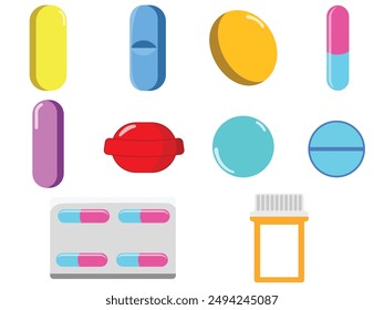 Set of pill, tablet, capsule for medicine and health care design decoration