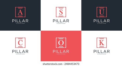 Set of pillar with letters symbol logo design. Minimalist column logo law firm icon vector.