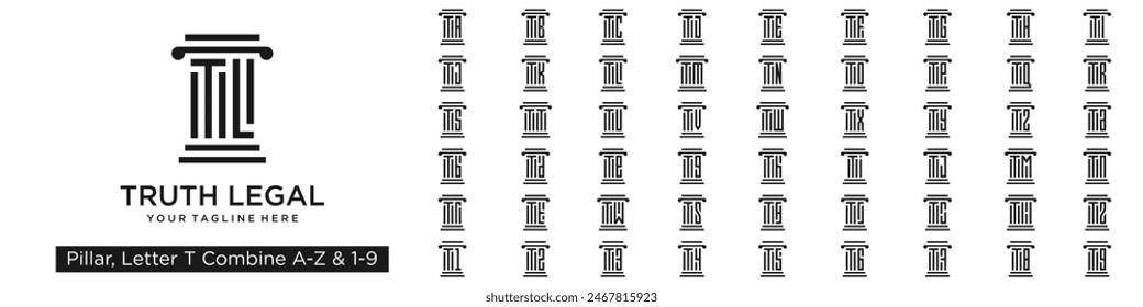 set of pillar logo design combined letter T with A to Z and numbers from 1 to 9. vector illustration