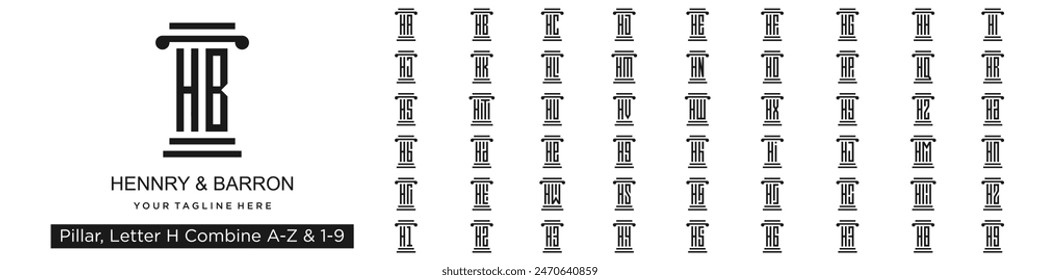 conjunto de diseño de logotipo de pilar combinado letra H con A a Z y números del 1 al 9. Ilustración vectorial
