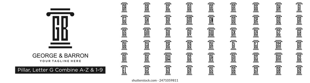 conjunto de diseño del logotipo del pilar combinado letra G con A a Z y números del 1 al 9. Ilustración vectorial