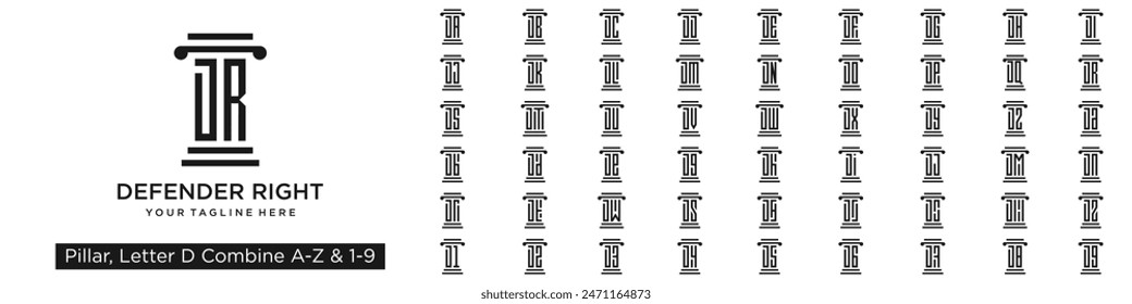 Satz Säulenlogo Design kombiniert Buchstaben D mit A bis Z und Zahlen von 1 bis 9. Vektorillustration