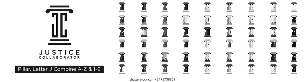 set of pillar logo design combined letter J with A to Z and numbers from 1 to 9. vector illustration