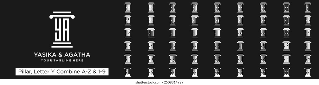 Satz von Säulen-Logo-Design kombiniert Buchstaben Y mit A bis Z und Zahlen von 1 bis 9. Vektorgrafik