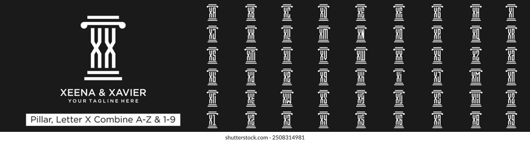 conjunto de design de logotipo pilar combinado letra X com A a Z e números de 1 a 9.