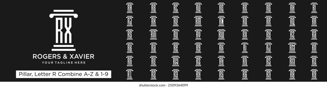 conjunto de design de logotipo pilar combinado letra R com A a Z e números de 1 a 9.
