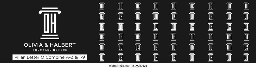 conjunto de diseño de logotipo de pilar combinado letra O con A a Z y números del 1 al 9. Ilustración vectorial
