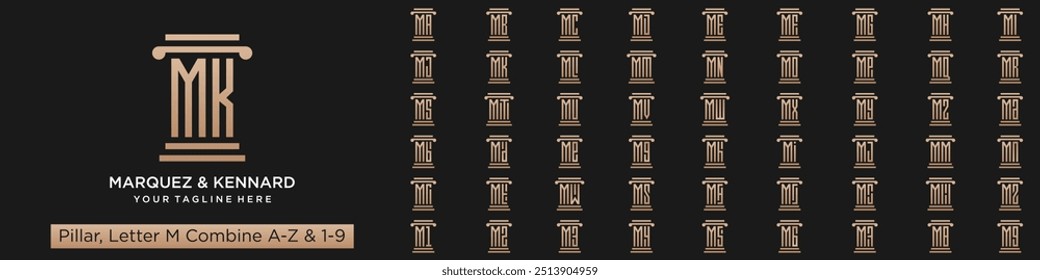 set of pillar logo design combined letter M with A to Z and numbers from 1 to 9. vector illustration