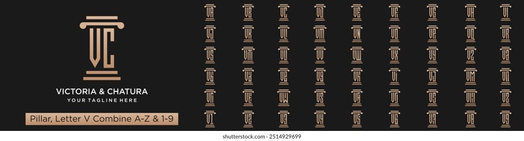 conjunto de design de logotipo pilar combinado letra V com A a Z e números de 1 a 9.