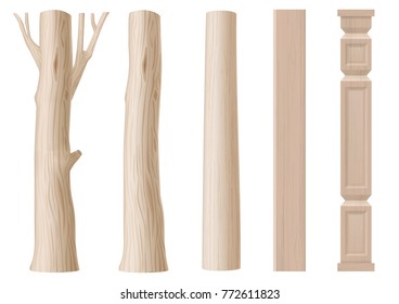 Set of pillars of wood in eco style. The trunk of a tree , a log and carved column. Vector graphics