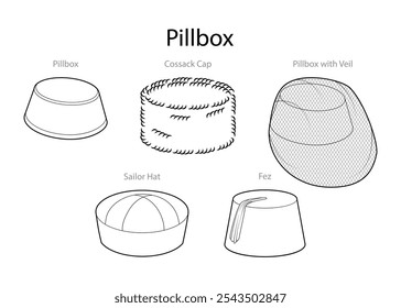 Set of Pillbox shape Hats with name text - Sailor Doughboy Fez Cossack with Veil. Head Fashion accessory cap clothing technical illustration. Vector headgear, flat template CAD mockup sketch isolated