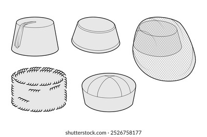 Set of Pillbox shape Hats - Sailor Doughboy, Fez Cossack. Head Fashion accessory cap clothing technical illustration. Vector headgear for Men, women, unisex style, flat template mockup sketch outline