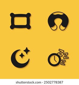 Set Pillow, Alarm clock, Moon and stars and Travel neck pillow icon with long shadow. Vector