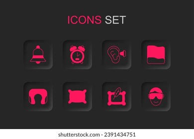 Set Pillow, Alarm clock, Ringing bell, Eye sleep mask, Earplugs and ear and Travel neck pillow icon. Vector