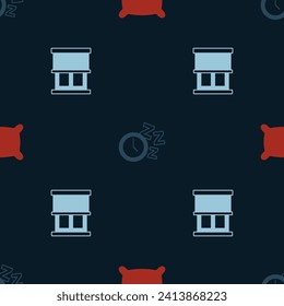 Set Pillow, Alarm clock and Window with curtains on seamless pattern. Vector