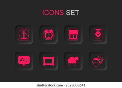 Set Pillow, Alarm clock, Window with curtains, Sheep, Medical prescription, Dreams,  and Sleepy icon. Vector