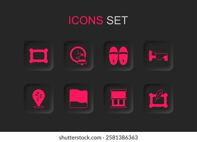 Set Pillow, Alarm clock, Window with curtains, Bed, Slippers and Sleepy icon. Vector