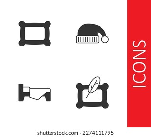 Ajuste el icono de almohada, cama y sombrero de sueño. Vector