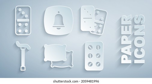 Set Pillow, Domino, Walking Stick Cane, Pills Blister Pack, Emergency Phone Call And  Icon. Vector