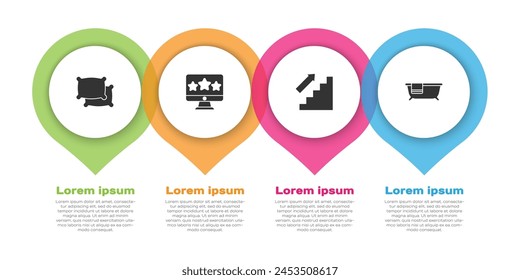Set Pillow, Five stars rating review, Stairs up and Bathtub. Business infographic template. Vector