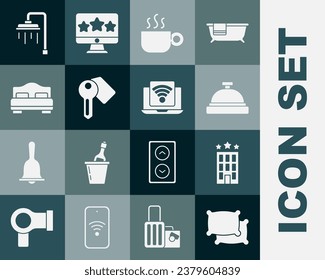 Set Pillow, Hotel building, service bell, Coffee cup, door lock key, room bed, Shower and Wireless laptop icon. Vector