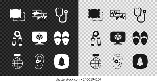 Set Pillow, Monitor with cardiogram, Stethoscope, Disco ball, Hearing aid, Emergency phone call, Sport expander and Grandmother icon. Vector