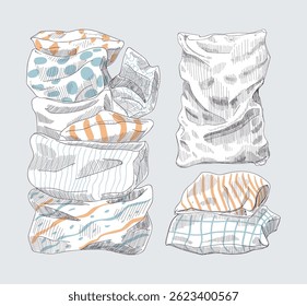 A set of pillow sketches. Hand-painted soft pillows with different prints.