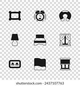 Set Pillow, Window with curtains, Big bed, Travel neck pillow, Alarm clock and Table lamp icon. Vector