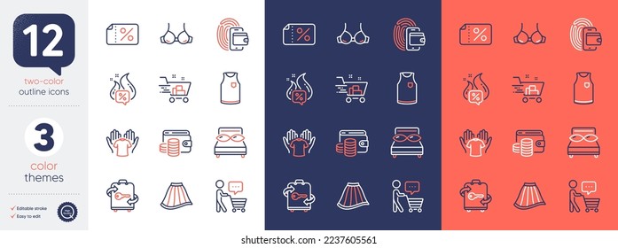 Set of Pillows, Bra and Shopping cart line icons. Include Skirt, Discount banner, Wallet money icons. Wallet, Luggage, Hold t-shirt web elements. Buyer think, T-shirt, Hot offer. Night bed. Vector