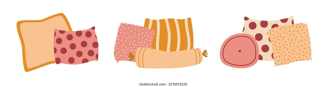 Set of Pillows and Cushions, Cozy Home Interior Textiles. Vector Flat Illustration, Isolated on White, Cartoon.