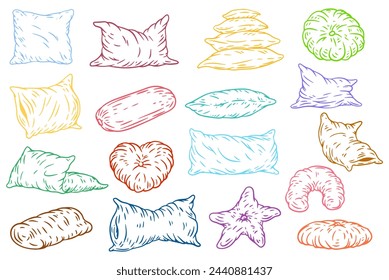 Set pillows different form in hand draw sketch style. Collection vivid color design elements. Vector illustration.